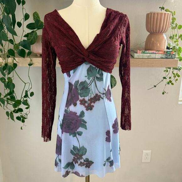 Kimchi Blue Y2K Sheer Floral Lace Mesh Mini Dress M Burgundy Romantic Grunge - Picture 1 of 9